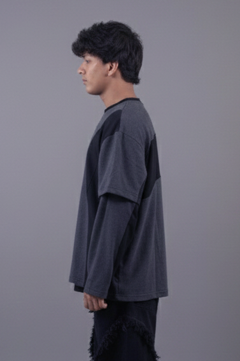 Layered Cut & Sew Panel Men Tee (Black & Grey)