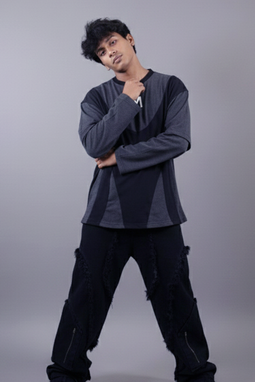 Layered Cut & Sew Panel Men Tee (Black & Grey)