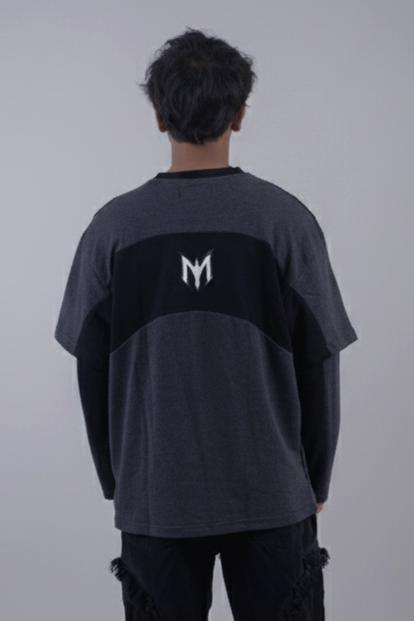 Layered Cut & Sew Panel Men Tee (Black & Grey)