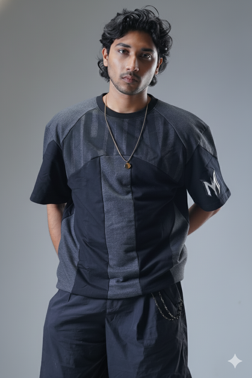 The "MIRAE" Paneled Heavyweight Male Tee (Shadow Black & Dark Grey)