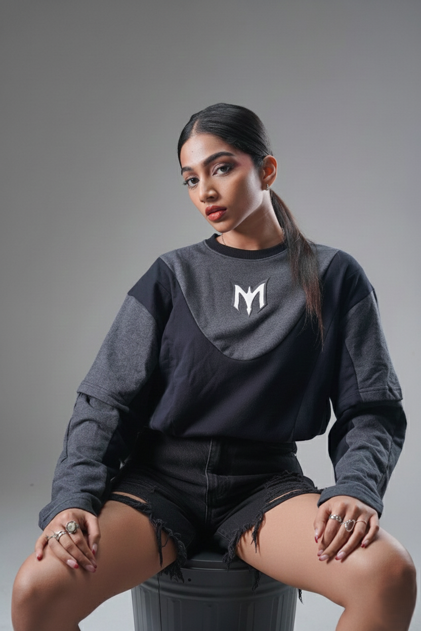 Layered Cut & Sew Panel Femele Tee (Black & Grey)