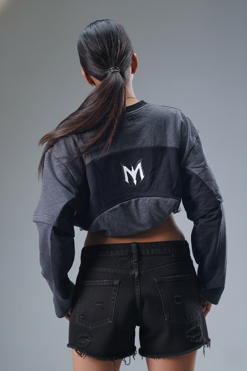 Layered Cut & Sew Panel Femele Tee (Black & Grey)