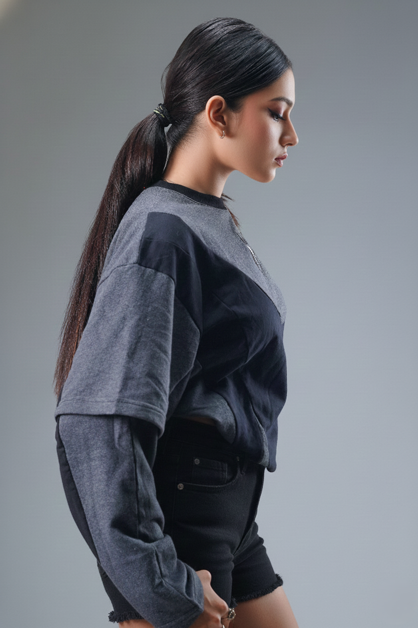 Layered Cut & Sew Panel Femele Tee (Black & Grey)