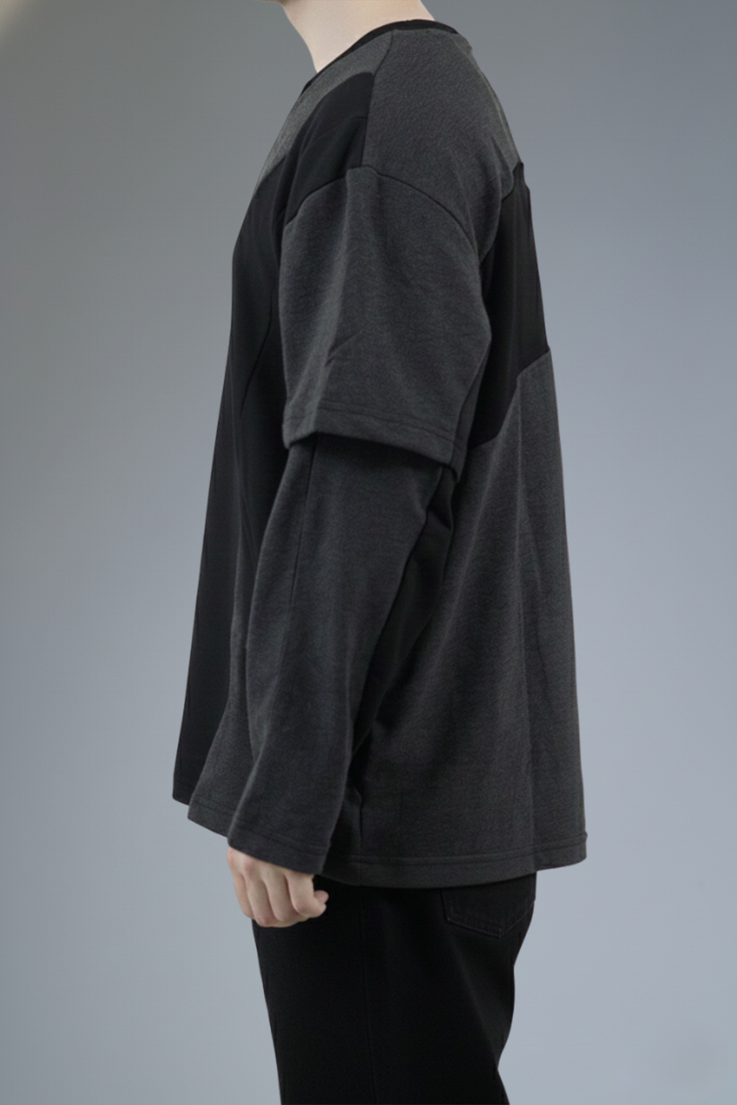 Layered Cut & Sew Panel Men Tee (Black & Grey)