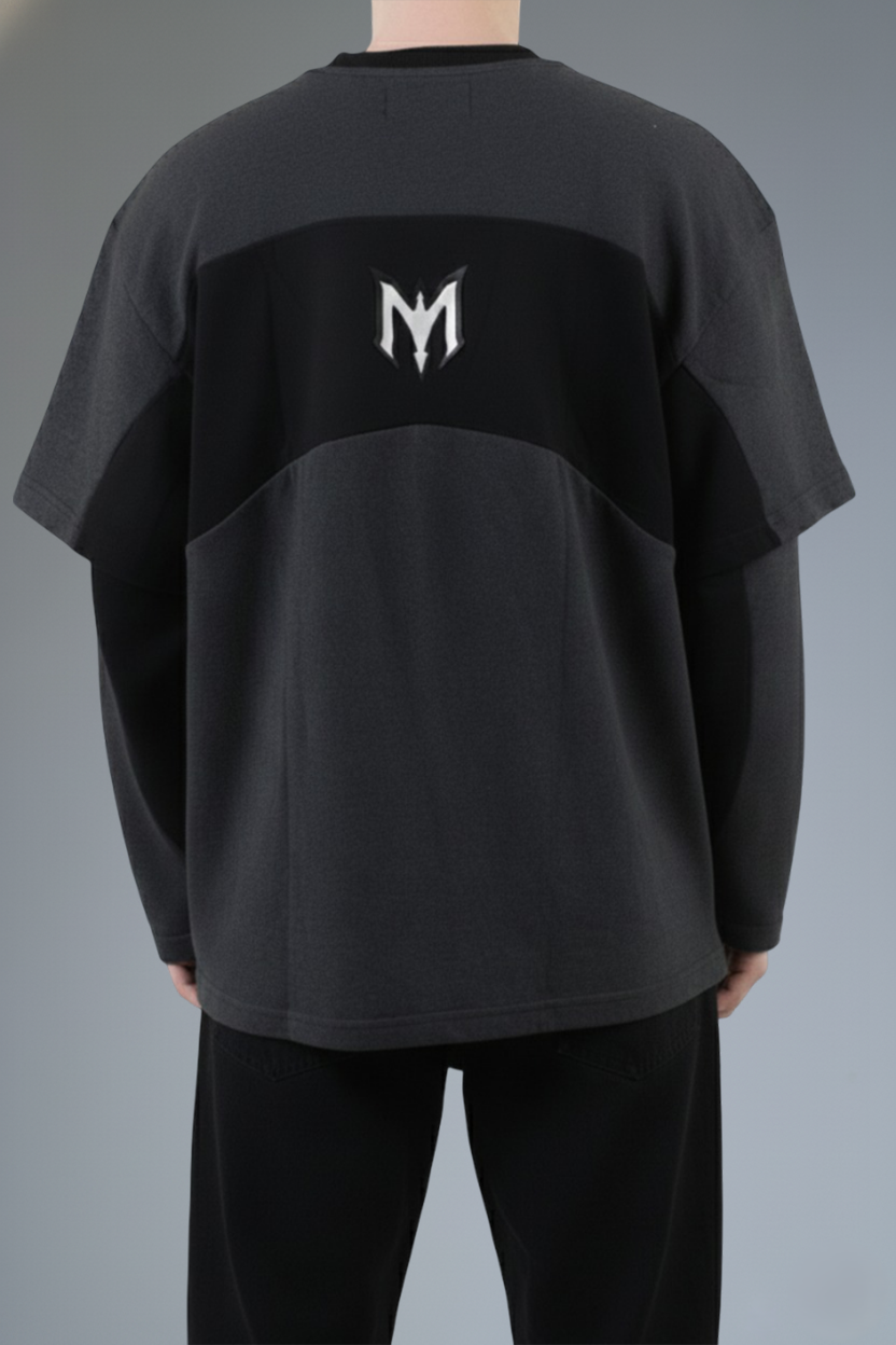 Layered Cut & Sew Panel Men Tee (Black & Grey)