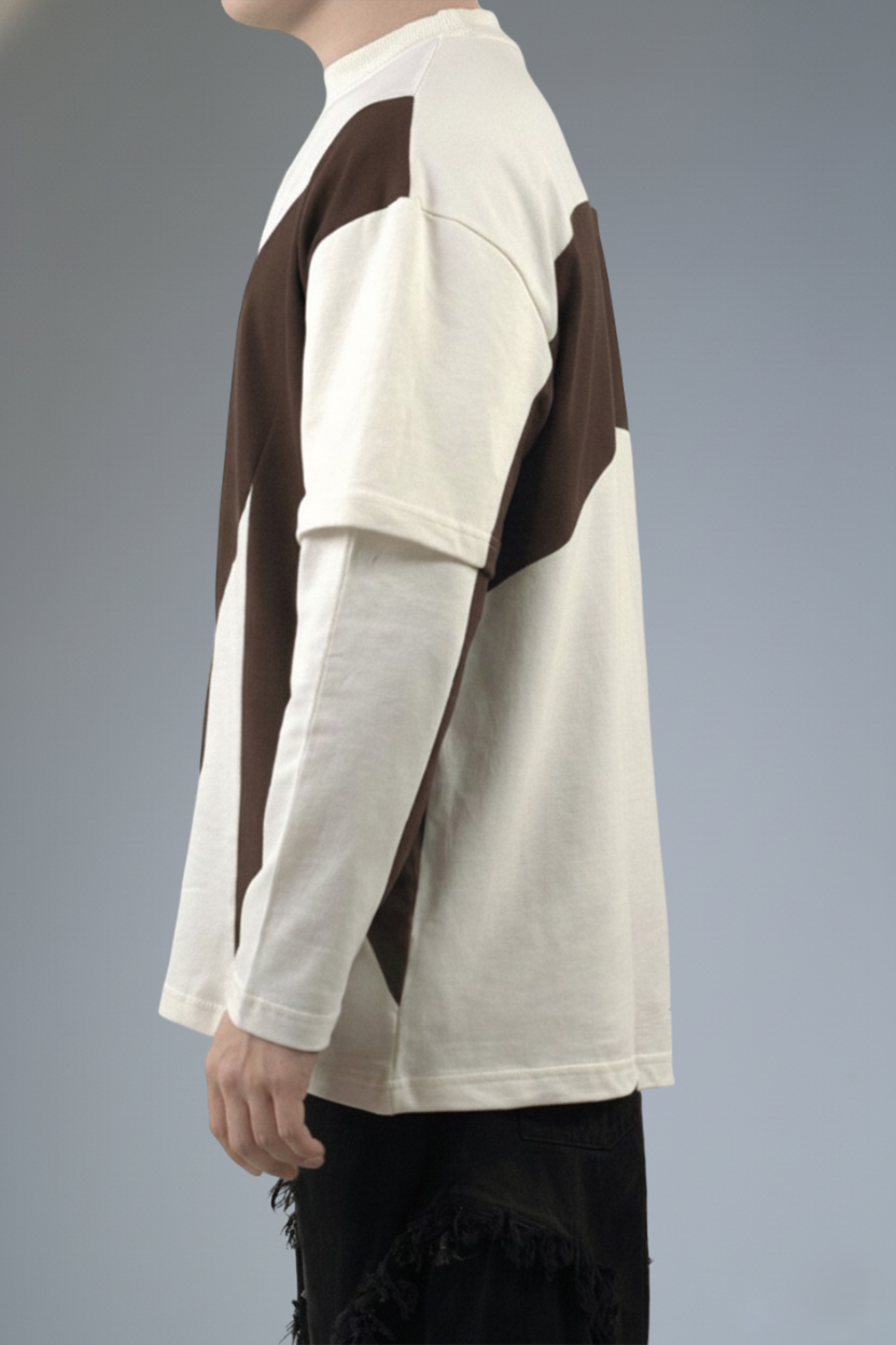 Layered Cut & Sew Panel Men Tee (Brawn & Cream)