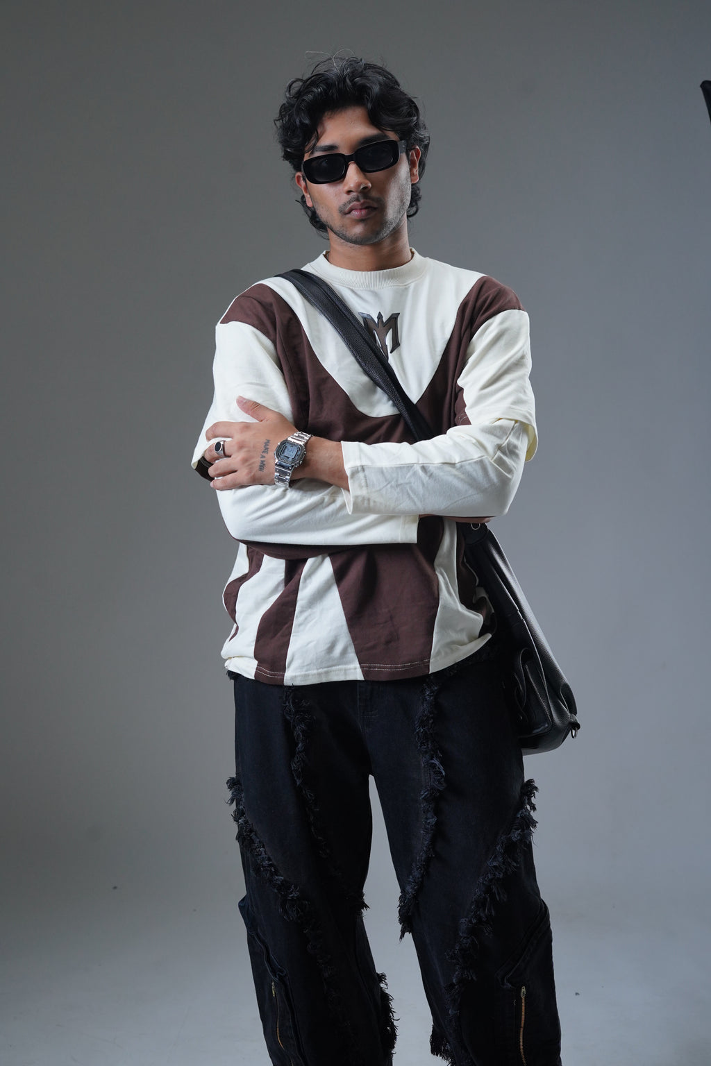 Layered Cut & Sew Panel Men Tee (Brawn & Cream)