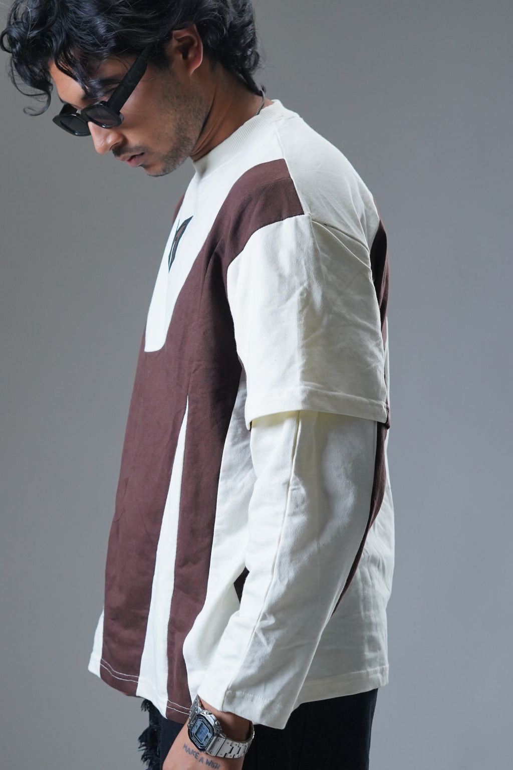Layered Cut & Sew Panel Men Tee (Brawn & Cream)