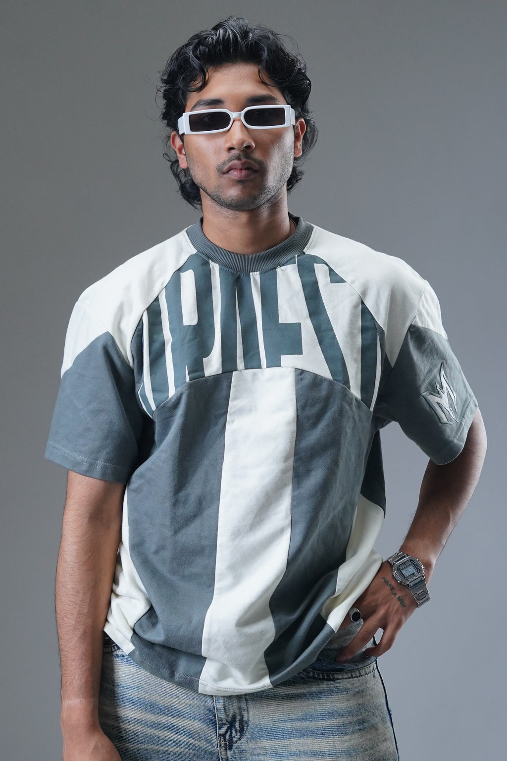 The "MIRAE" Paneled Heavyweight Male Tee (Storm Grey & Off-White)