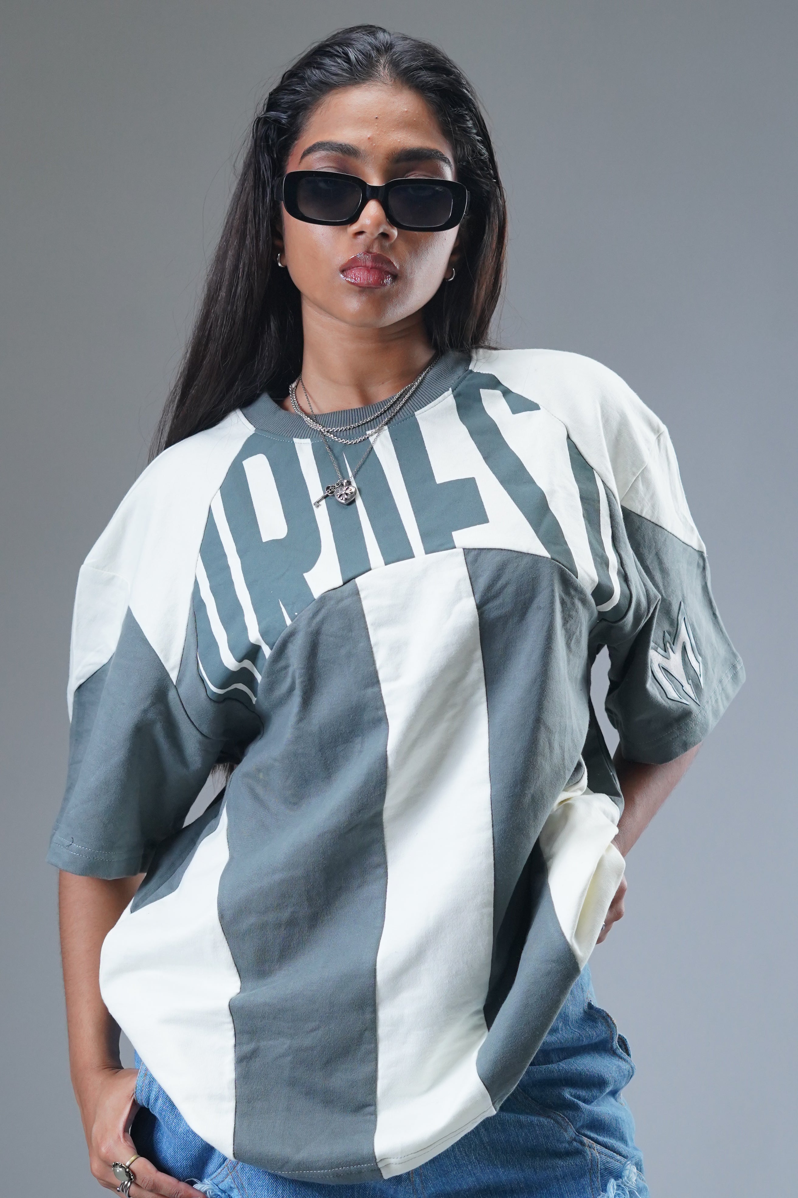 The "MIRAE" Paneled Heavyweight Female Tee (Storm Grey & Off-White)