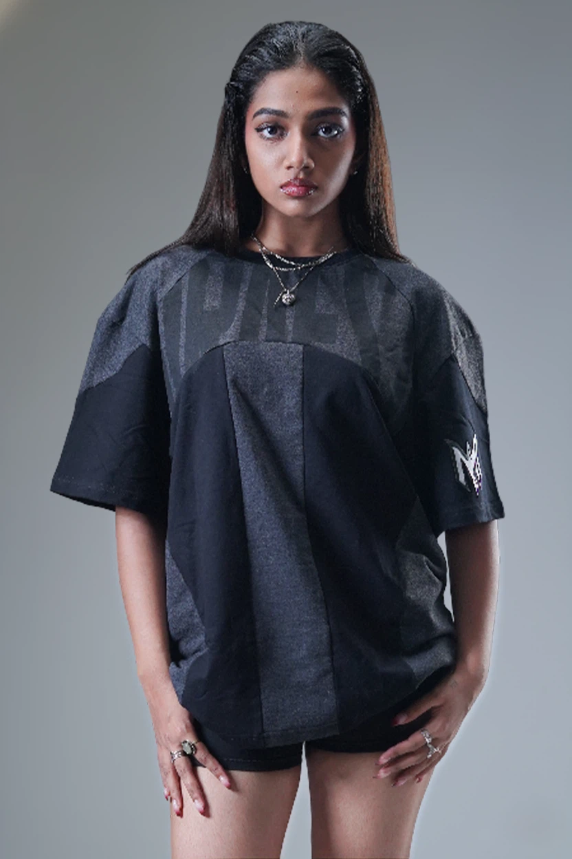 The "MIRAE" Paneled Heavyweight Female Tee (Shadow Black & Dark Grey)