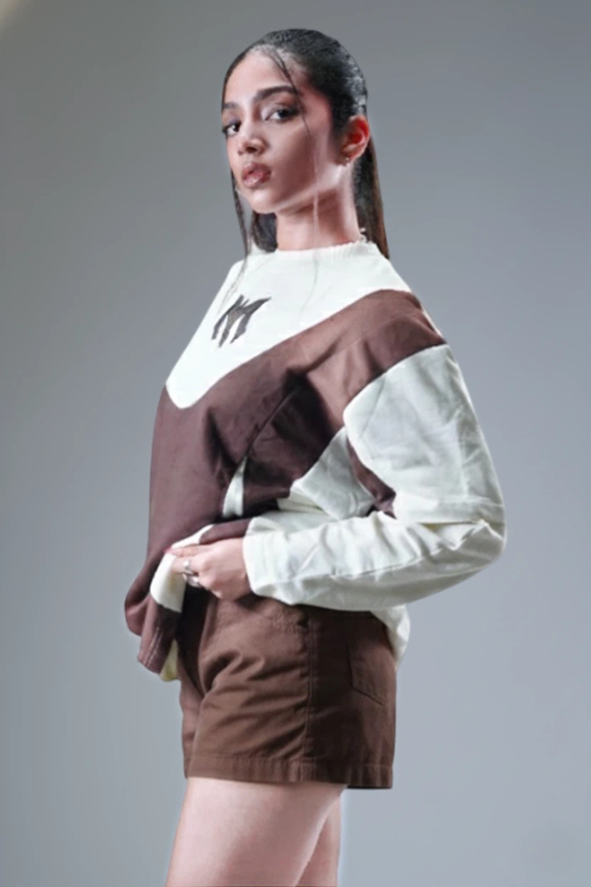 Layered Cut & Sew Panel Female Tee (Brawn & Cream)