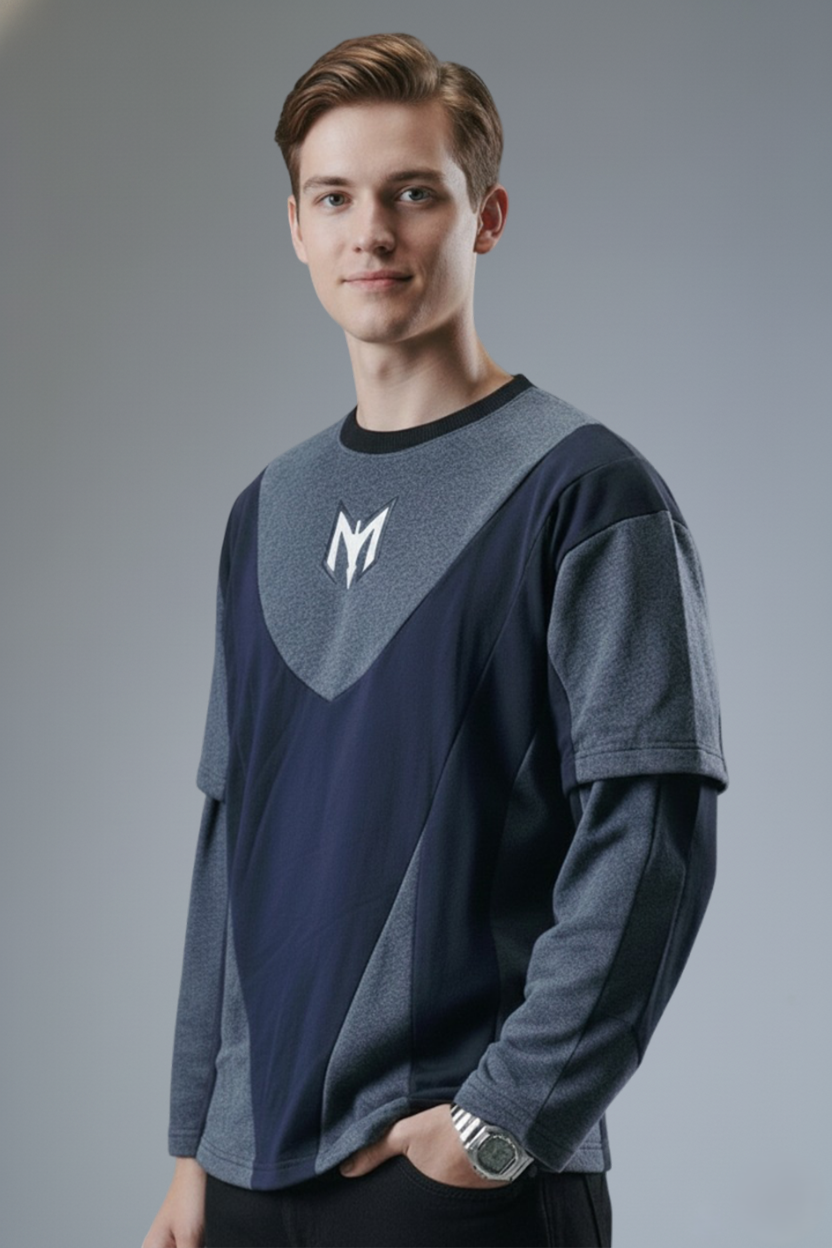 Layered Cut & Sew Panel Men Tee (Black & Grey)