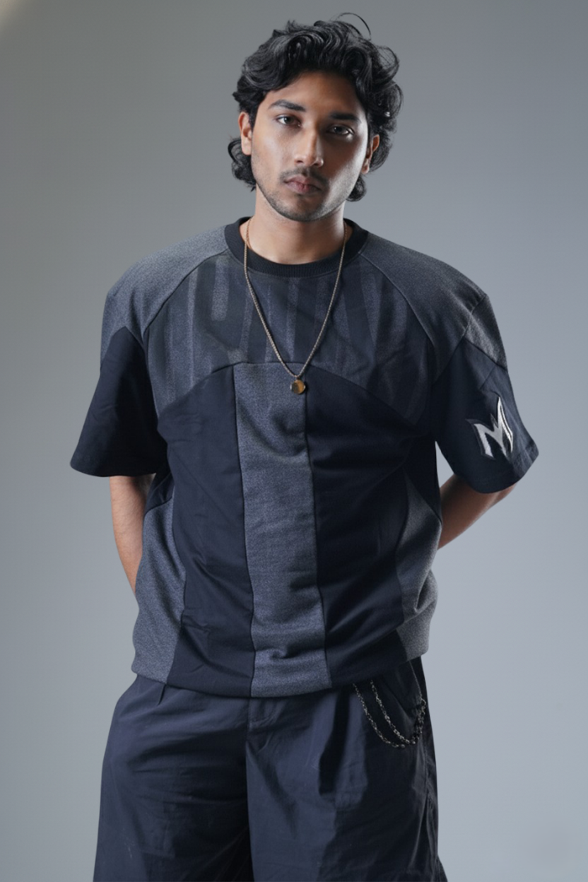 The "MIRAE" Paneled Heavyweight Male Tee (Shadow Black & Dark Grey)