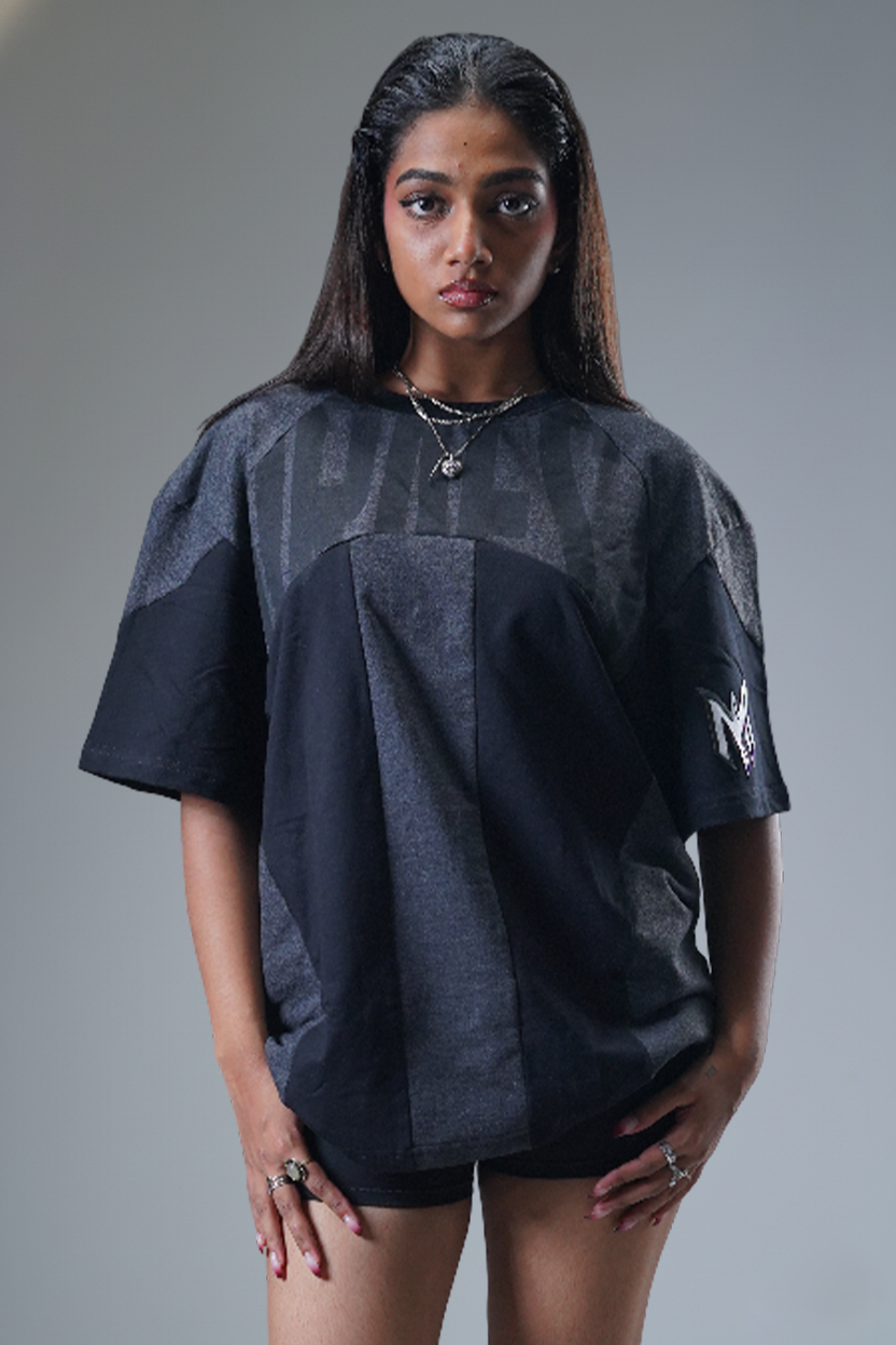 The "MIRAE" Paneled Heavyweight Female Tee (Shadow Black & Dark Grey)