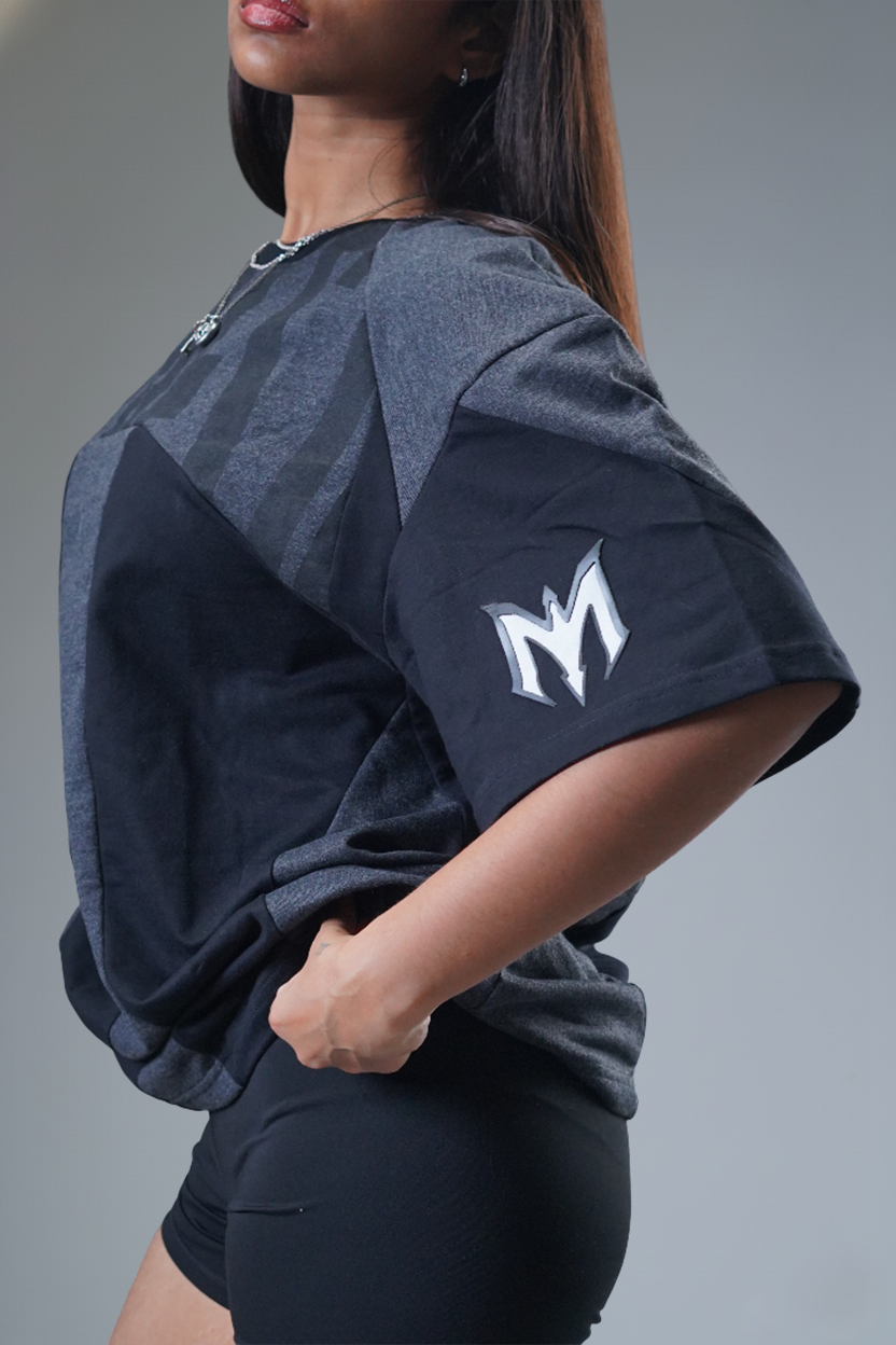 The "MIRAE" Paneled Heavyweight Female Tee (Shadow Black & Dark Grey)