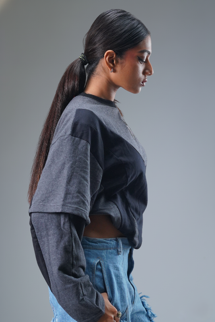 Layered Cut & Sew Panel Femele Tee (Black & Grey)