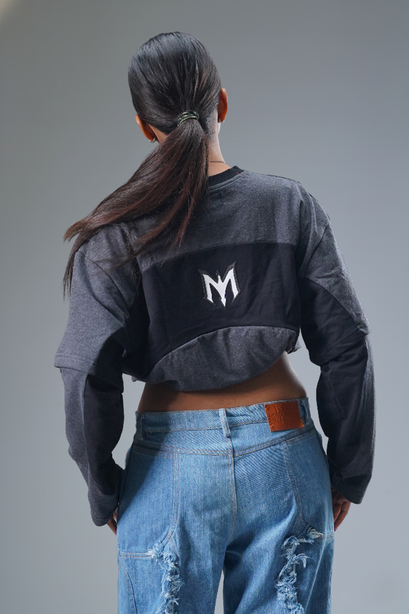 Layered Cut & Sew Panel Femele Tee (Black & Grey)